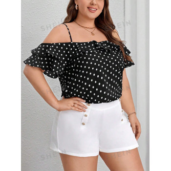 SHEIN Privé Blouse Ample Élégante À Pois À Épaules Creusées Et Manches À Double Volant Superposé, Grande Taille, Idéale Pour Les Rendez-vous Romantiques, Le Port Quotidien Et Les Voyages De Printemps Et D'été - 29860451