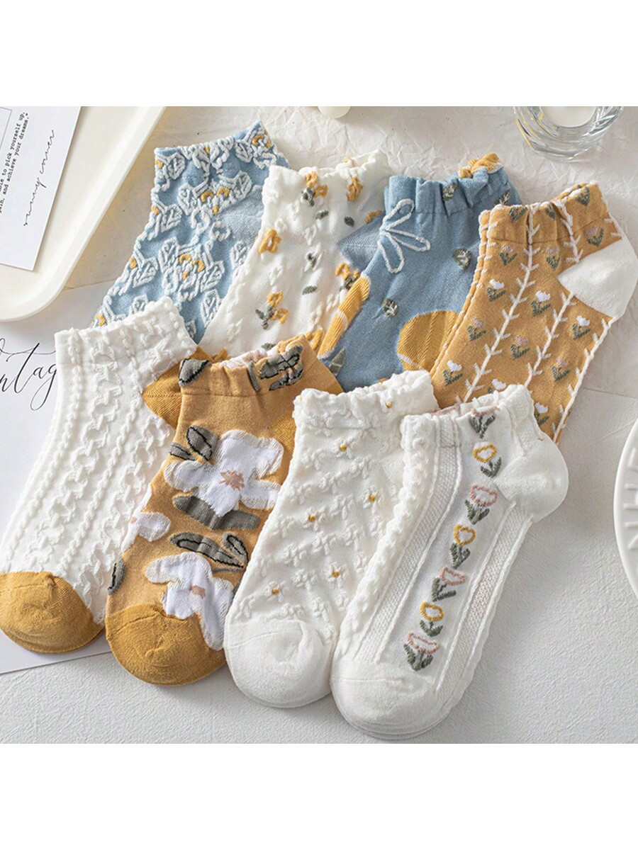 8 Paires Chaussettes Courtes Pour Femmes De Style Floral Palais, Chaussettes Cheville Vintage Et Artistique, Chaussettes Bateau À Dentelle Douce Et Décontractée - 27823163