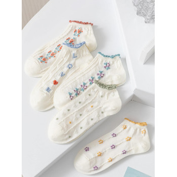 Femme 5 paires Chaussettes fleuri et lettre mignon pour le printemps et été - 15670174