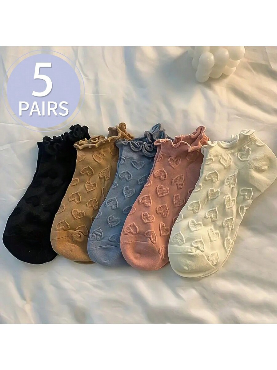 Chaussettes courtes et fines d'été pour femmes, 5 paires/ensemble, avec jolie bordure en dentelle et bords à volants, Style japonais - 31572697