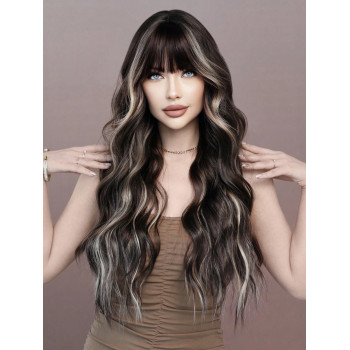 7JHHWIGS Perruque noire brune mélangée avec des reflets beige longue et ondulée avec frange soignée, perruque synthétique douce pour femmes et filles  nge raccourcissable) - 25390263