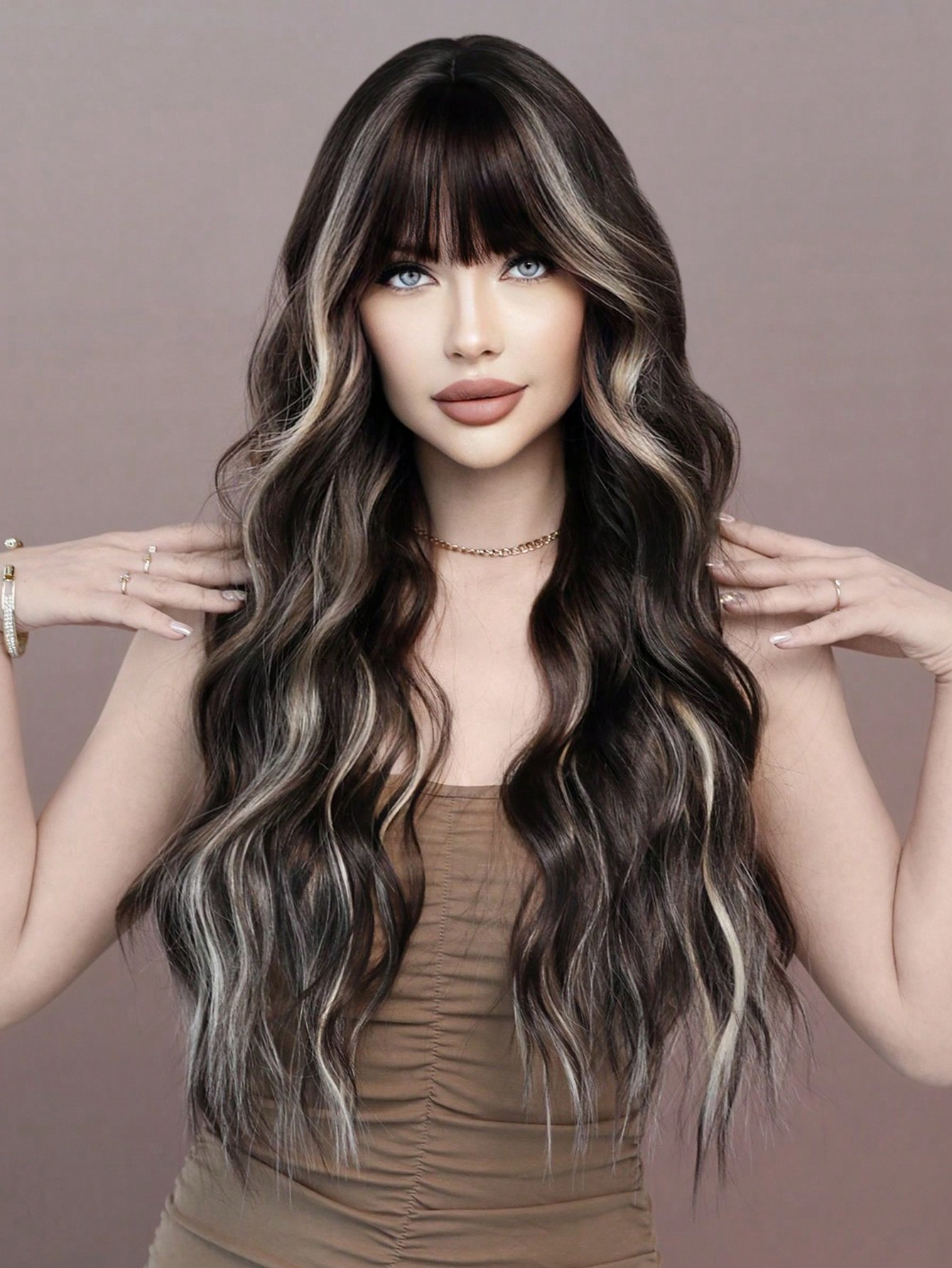 7JHHWIGS Perruque noire brune mélangée avec des reflets beige longue et ondulée avec frange soignée, perruque synthétique douce pour femmes et filles  nge raccourcissable) - 25390263