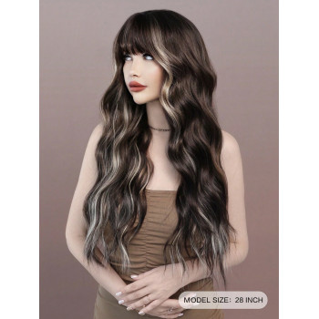 7JHHWIGS Perruque noire brune mélangée avec des reflets beige longue et ondulée avec frange soignée, perruque synthétique douce pour femmes et filles  nge raccourcissable) - 25390263