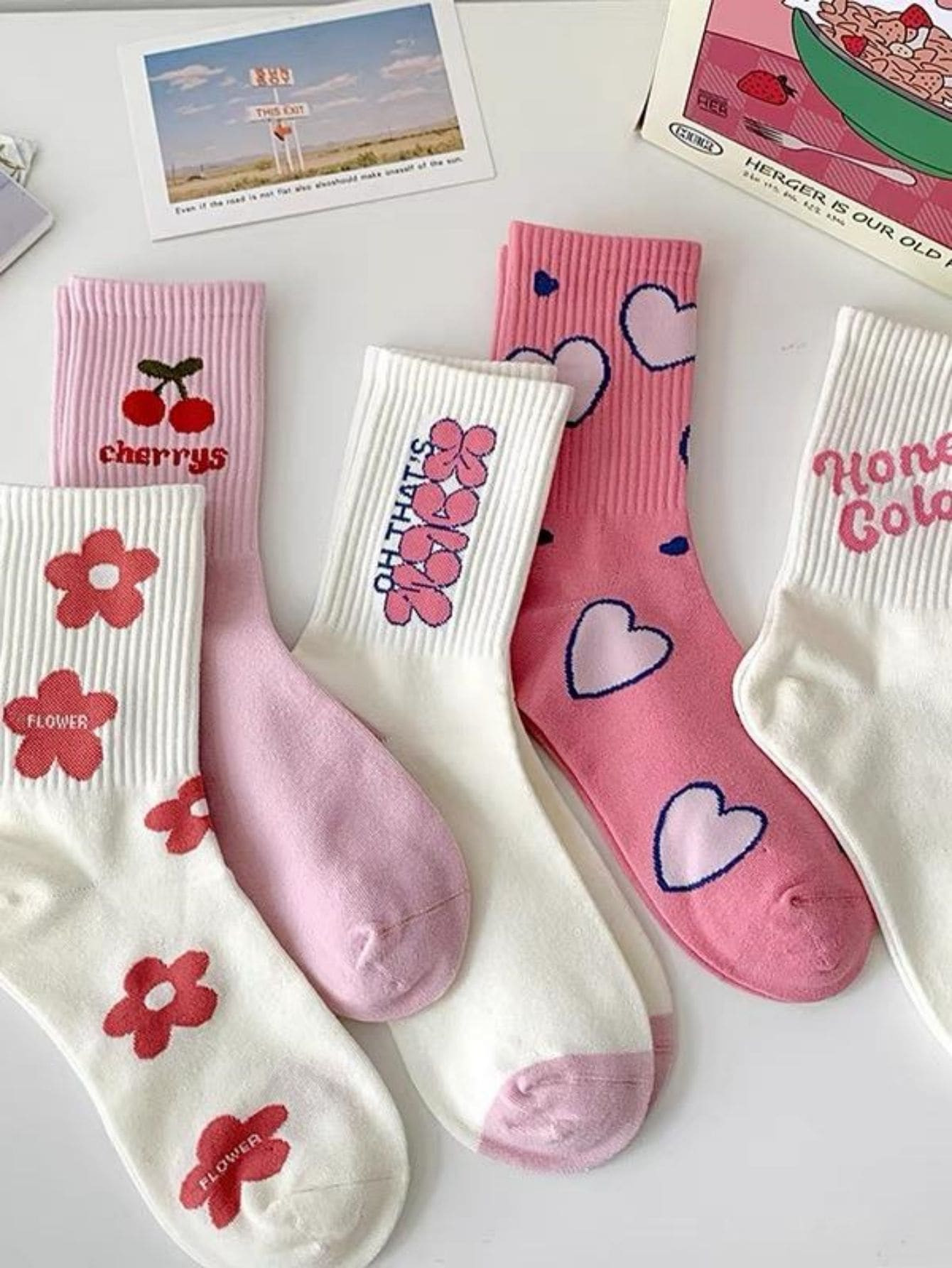 5 paires Chaussettes Mignon Rose Style Preppy Au-Dessus Du Genou - 21255944