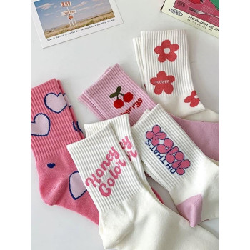 5 paires Chaussettes Mignon Rose Style Preppy Au-Dessus Du Genou - 21255944