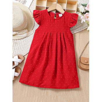 Robe rouge de Style vacances pour jeune fille, unicolore, avec petit col rond, manches à volants pour l'été - 12714680