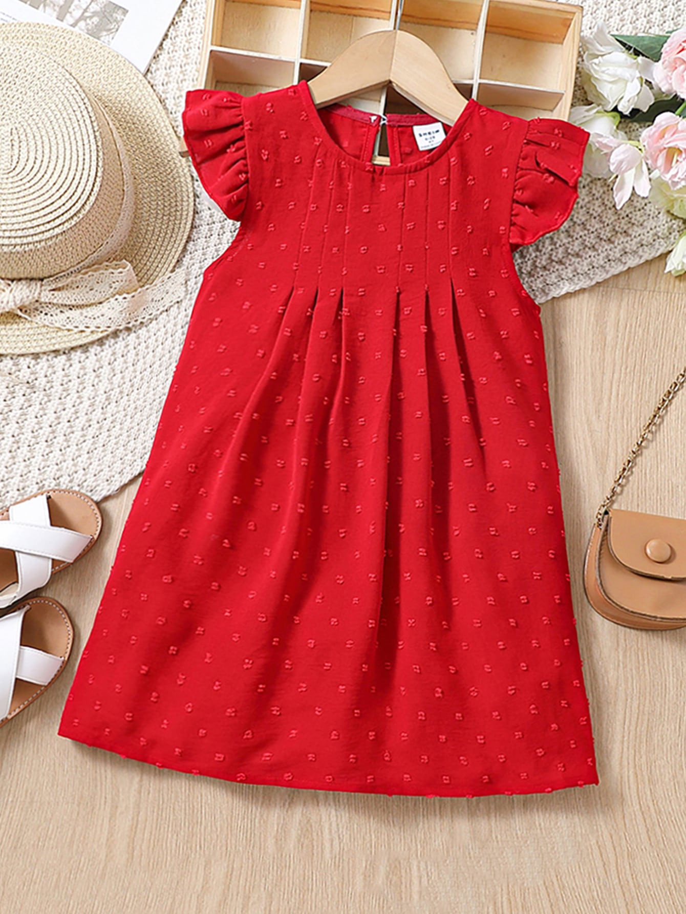 Robe rouge de Style vacances pour jeune fille, unicolore, avec petit col rond, manches à volants pour l'été - 12714680