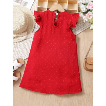 Robe rouge de Style vacances pour jeune fille, unicolore, avec petit col rond, manches à volants pour l'été - 12714680