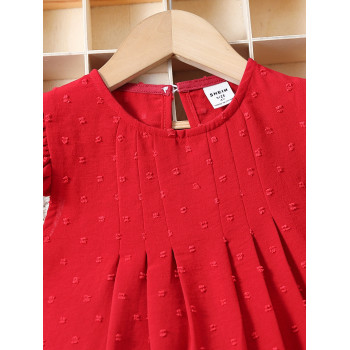 Robe rouge de Style vacances pour jeune fille, unicolore, avec petit col rond, manches à volants pour l'été - 12714680