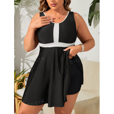 SHEIN Swim Lushore Robe de plage d'été pour femme de grande taille avec blocs de couleurs et décolleté rond pour nager - 30985501