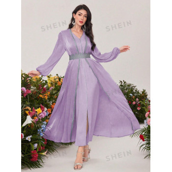 SHEIN Najma Élégante Robe sans manches à col en V avec fente et veste à manches longues à lanterne et détails brodés - 32783062