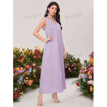 SHEIN Najma Élégante Robe sans manches à col en V avec fente et veste à manches longues à lanterne et détails brodés - 32783062