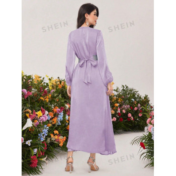 SHEIN Najma Élégante Robe sans manches à col en V avec fente et veste à manches longues à lanterne et détails brodés - 32783062