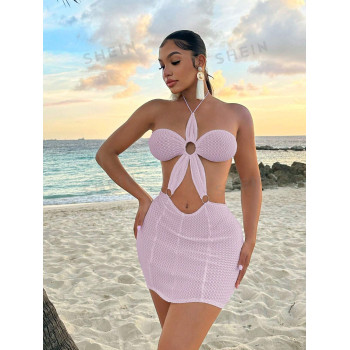 SHEIN SXY Robe mini moulante à encolure ras-du-cou, à ourlet asymétrique ajouré, style bohème pour les vacances d'été à la plage - 35886496