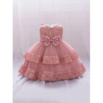 Robe Tutu Femme Bébé en Tulle avec Nœud Papillon Pailleté, Unie, sans Manches, Convient pour les Fêtes en Plein Air - 34571638