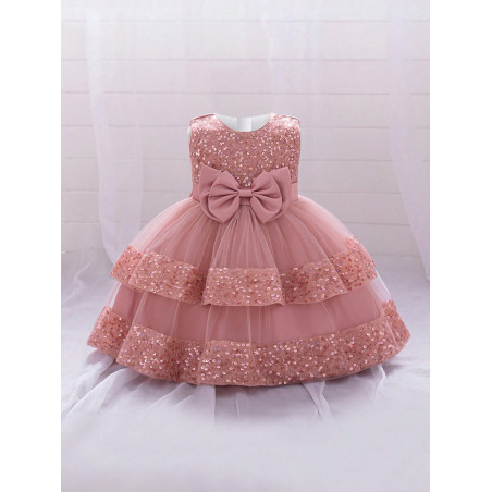 Robe Tutu Femme Bébé en Tulle avec Nœud Papillon Pailleté, Unie, sans Manches, Convient pour les Fêtes en Plein Air - 34571638