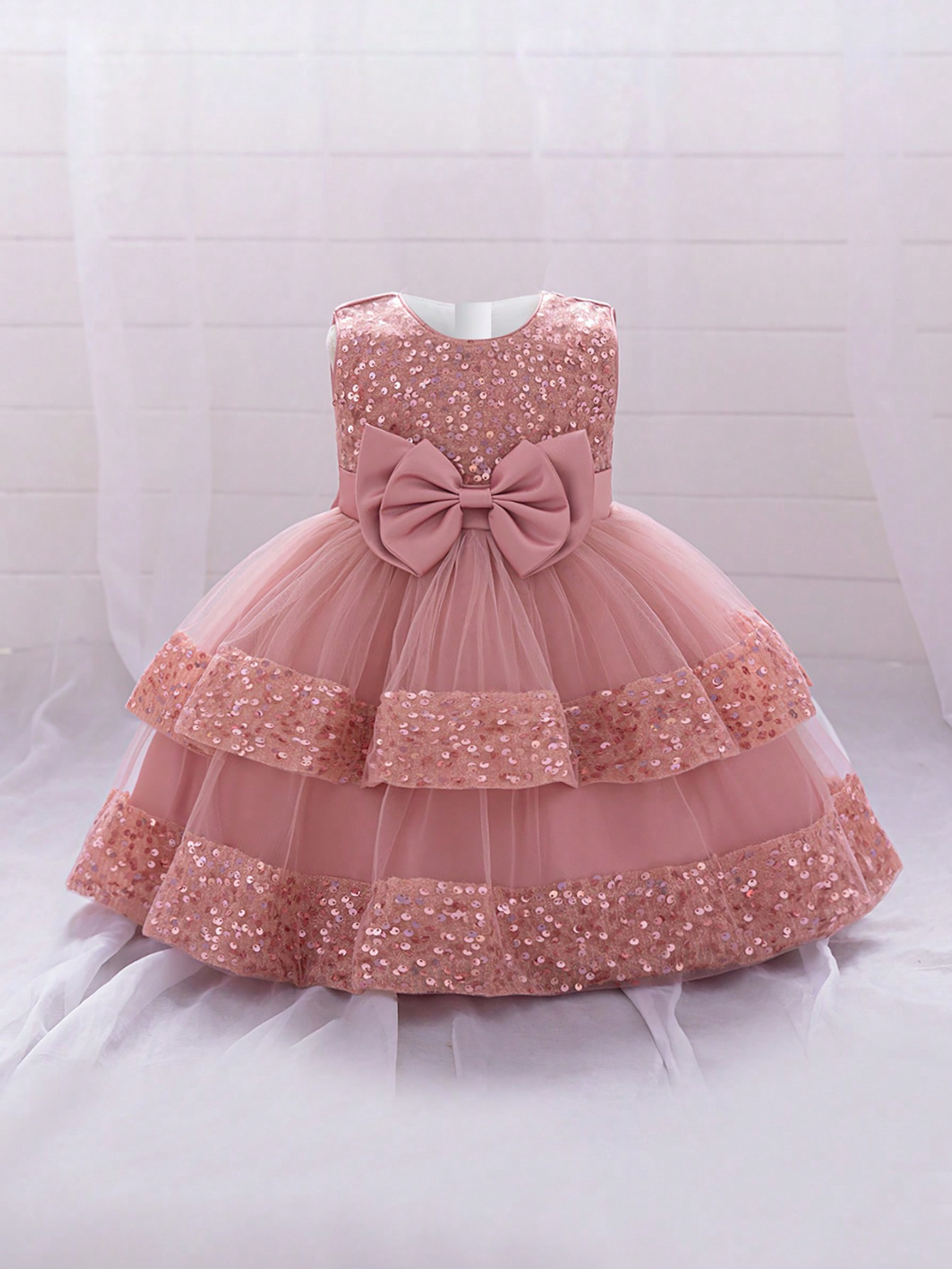 Robe Tutu Femme Bébé en Tulle avec Nœud Papillon Pailleté, Unie, sans Manches, Convient pour les Fêtes en Plein Air - 34571638