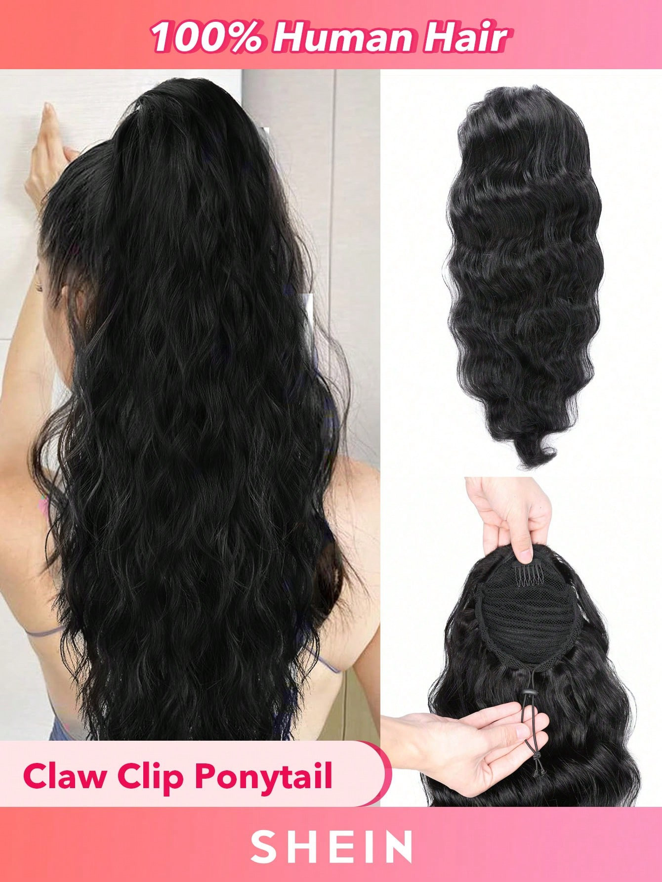 1 pièce Queue de cheval ondulée profonde lâche à pince Griffes d'extension de cheveux humains, couleur noire naturelle pour utilisation quotidienne par les femmes, faciles à porter, extensions de cheveux couleur noire naturelle - 9800839