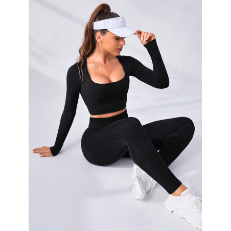 SHEIN Daily&Casual Ensemble Sport Crop Top À Manches Longues Pour Femmes Et Leggings - 27827271