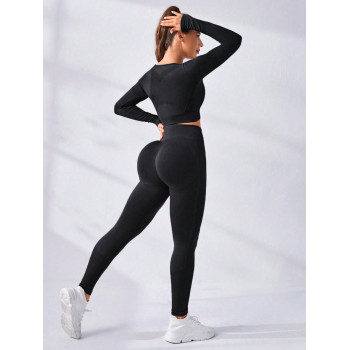 SHEIN Daily&Casual Ensemble Sport Crop Top À Manches Longues Pour Femmes Et Leggings - 27827271