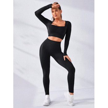 SHEIN Daily&Casual Ensemble Sport Crop Top À Manches Longues Pour Femmes Et Leggings - 27827271