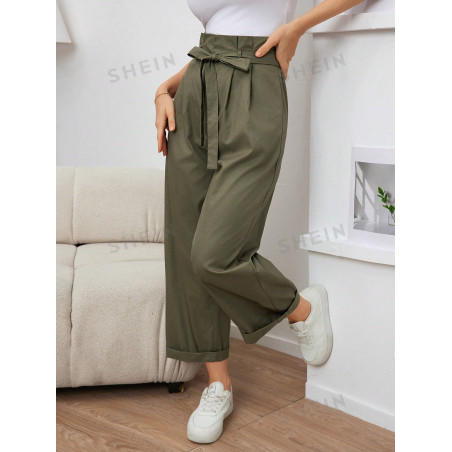 SHEIN Mulvari Pantalon large taille à ceinture de sac en papier simple et décontracté - 36793584