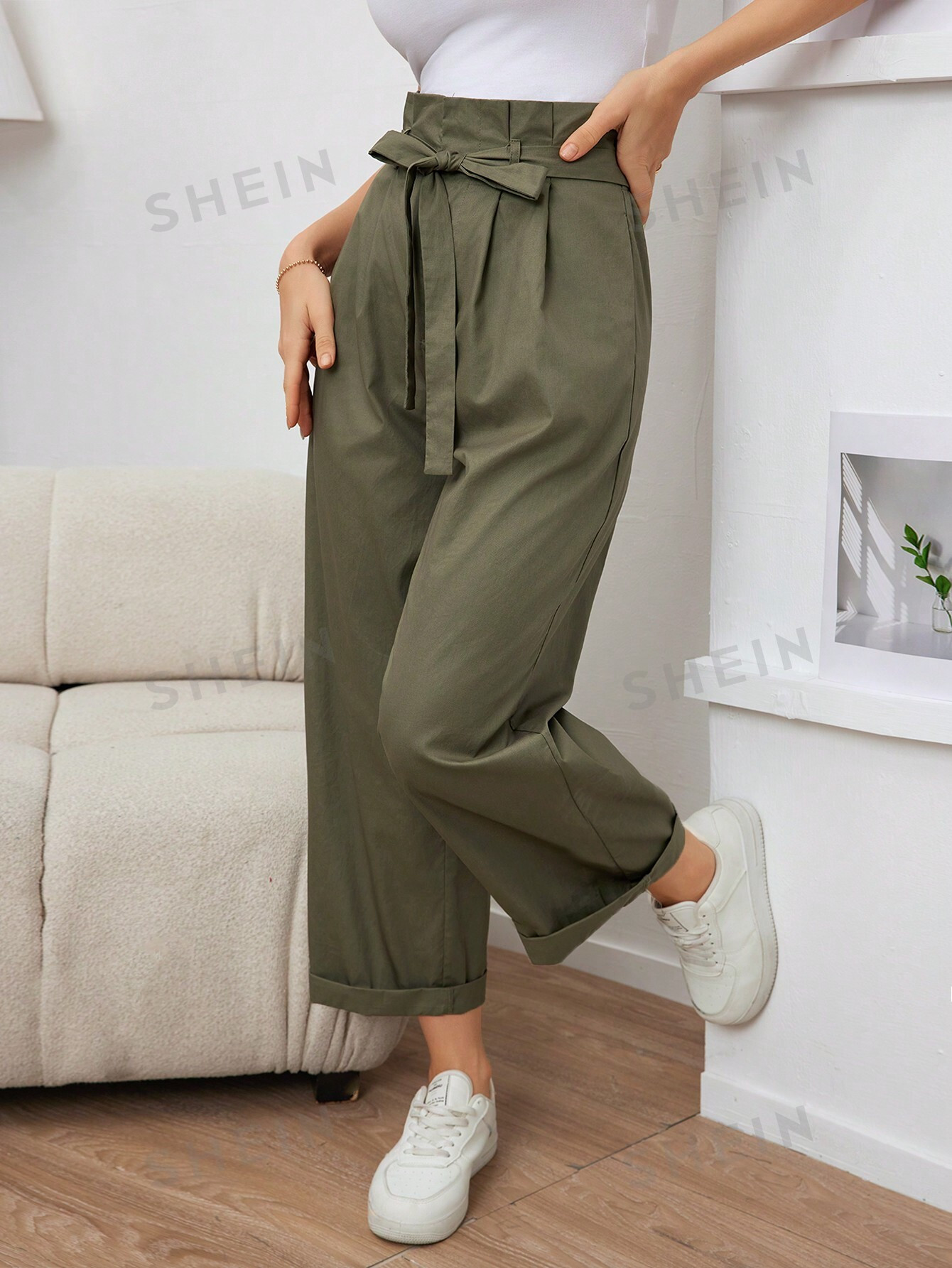 SHEIN Mulvari Pantalon large taille à ceinture de sac en papier simple et décontracté - 36793584