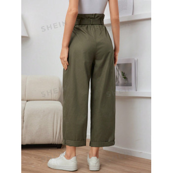 SHEIN Mulvari Pantalon large taille à ceinture de sac en papier simple et décontracté - 36793584