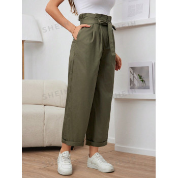 SHEIN Mulvari Pantalon large taille à ceinture de sac en papier simple et décontracté - 36793584