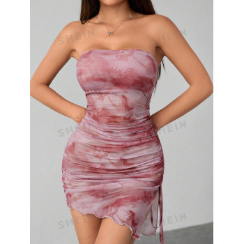 SHEIN PETITE Robe fourreau tube avec effet tie-dye, cordon de serrage sur le côté et superposition en tulle, pour festival de musique - 37517089