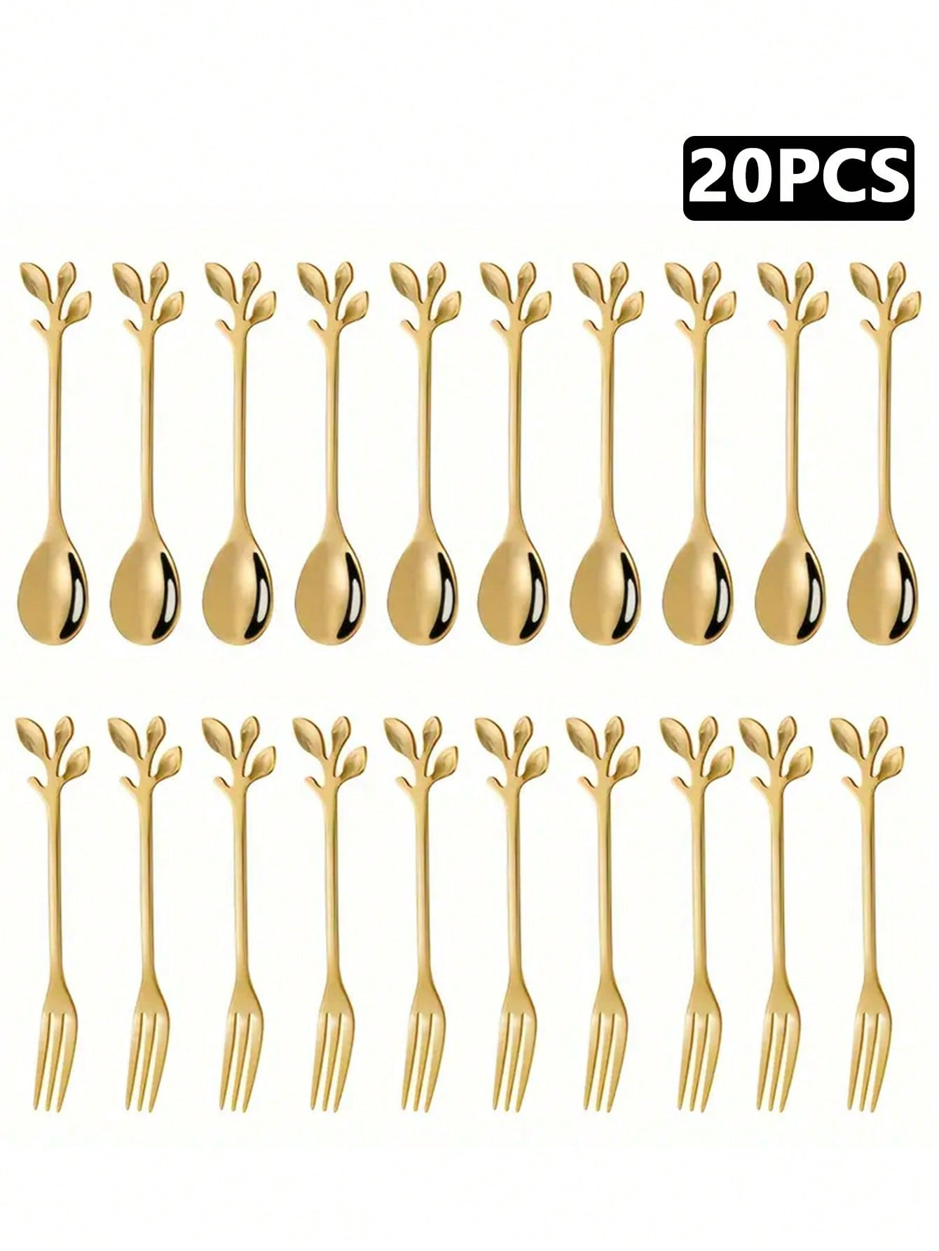 20 pièces Fourchettes et cuillères à café mini en acier inoxydable de conception de feuille d'or, pour les amuse-gueules, les desserts et le brassage, convient pour la maison, la cuisine et les fournitures scolaires, retour à l'école - 37841925