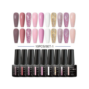 Ensemble de 10 vernis à ongles en gel de 7ML, nude rose violet rouge avec des paillettes, vernis semi-permanent UV LED, Set de vernis à ongles pour la conception artistique de l\"ongle, facile à retirer. - 25593032