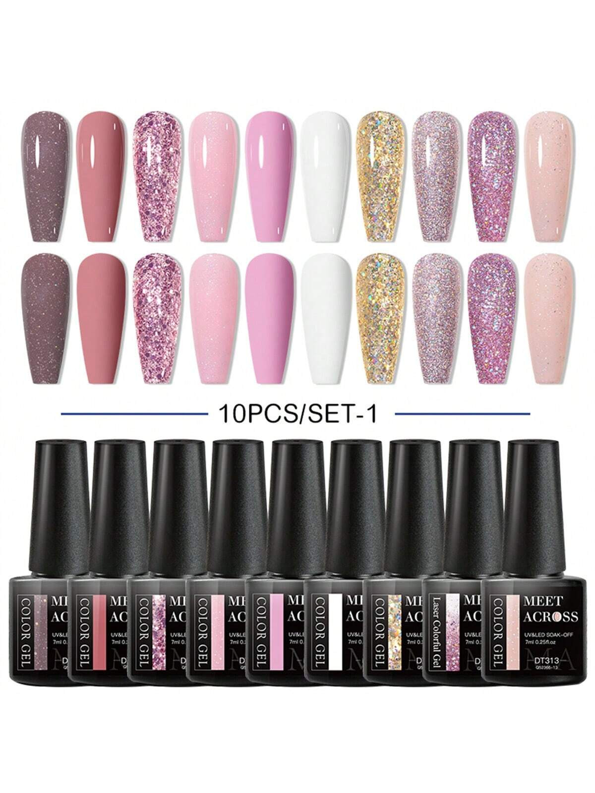 Ensemble de 10 vernis à ongles en gel de 7ML, nude rose violet rouge avec des paillettes, vernis semi-permanent UV LED, Set de vernis à ongles pour la conception artistique de l\"ongle, facile à retirer. - 25593032