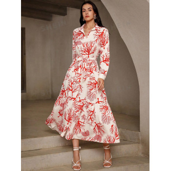 SHEIN Privé Robe-chemise ceinturée à boutonnière avant imprimée aléatoire de fleurs - 37818714