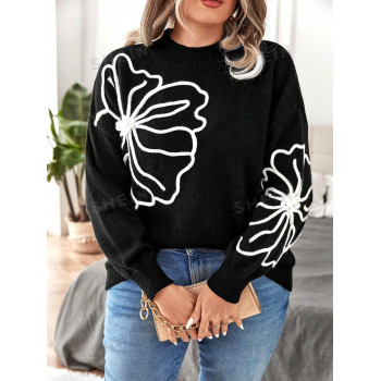 SHEIN Essnce Plus Pull Fleuri Épaule tombante - 23103633