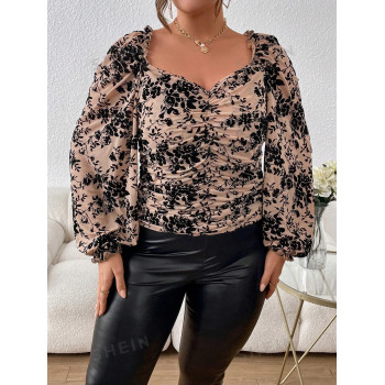 SHEIN Privé Plus T-shirt Imprimé Floral À Encolure De Cœur Manches Bouffantes À Ruché - 24488976