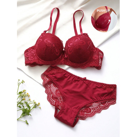 Ensemble de lingerie soutien-gorge et culotte en dentelle florale avec armatures - 1768698