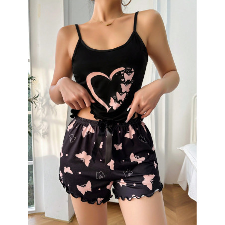 Ensemble Pyjama Avec Haut Cami À Impression De Papillon En Forme De cœur Et Shorts - 28410494