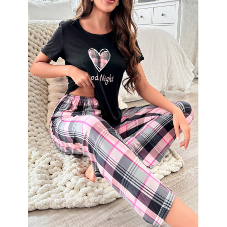 Ensemble Pyjama De T-shirt À Impression De Coeur Et De Lettre Et Pantalon À Carreaux - 25416364