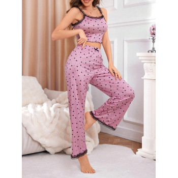 Ensemble de pyjama pour femmes avec Top cami à bordure de dentelle et imprimé étoile hexagonale, et pantalon - 38995750