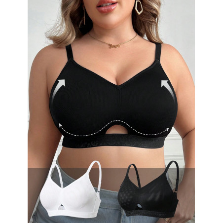 Ensemble de 2 pièces Soutien-gorge sans fil respirant anti-affaissement pour femmes de grande taille, sans armature ni rembourrage en éponge - 36409224