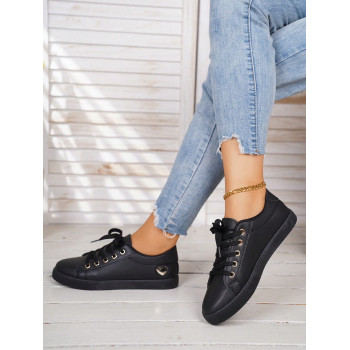 Chaussures noires grande taille à bout rond, fermeture à lacets, jolie décoration dorée en miroir en forme de cœur, chaussures décontractées basses, t ique de sports décontractés pour les femmes. - 35594950