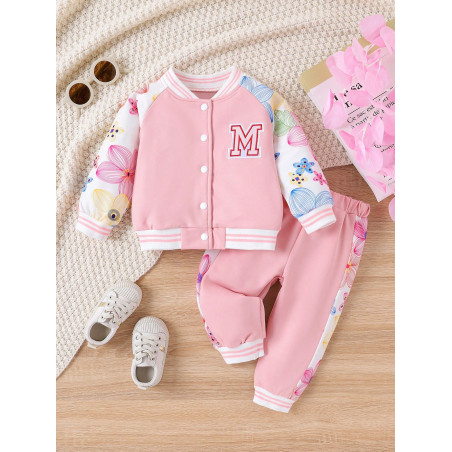 Bébé Fille Veste Fleuri Et Lettre Manches Raglan & Pantalon De Survêtement - 22111261