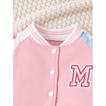 Bébé Fille Veste Fleuri Et Lettre Manches Raglan & Pantalon De Survêtement - 22111261