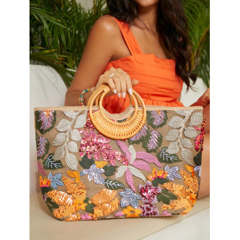 SHEIN VCAY Sac à poignée supérieure avec motif de feuille et de fleur et détail de paillettes et de broderies, sac tissé, parfait pour les vacances d'été à la plage, en extérieur, pique-nique, essentiels d'été, parfait pour les vacances - 14887575