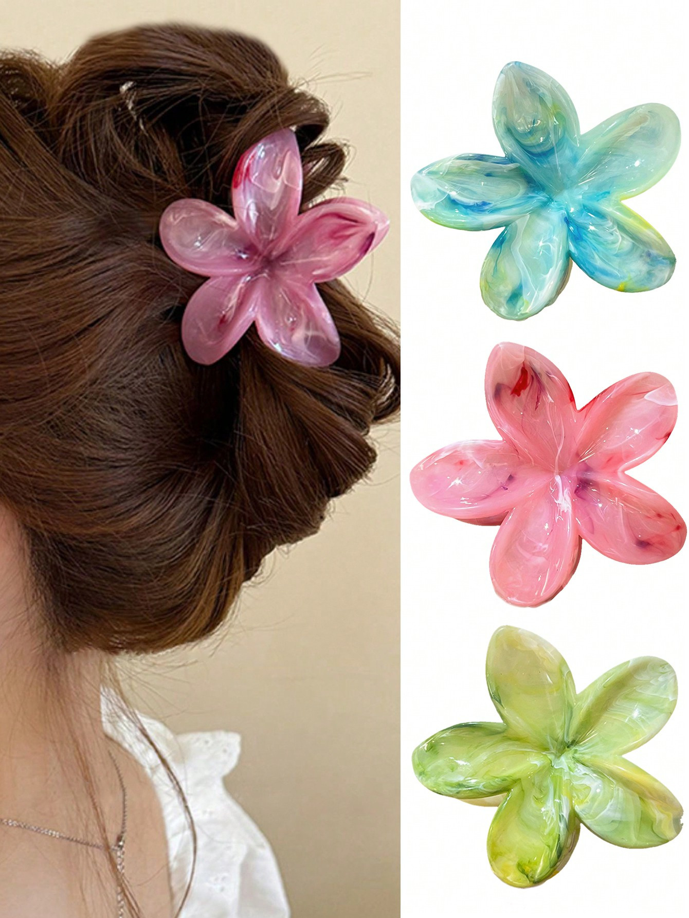 3 pièces Pinces à cheveux en plastique de style floral avec dégradé de couleurs rose/bleu/vert, mode polyvalente, style minimaliste élégant et simple, vêtements et accessoires, école - 37567113