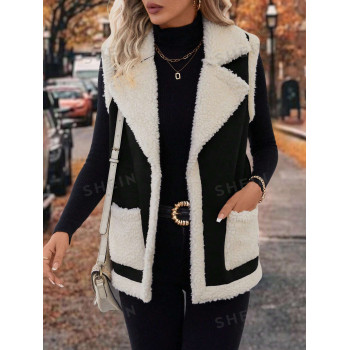 SHEIN LUNE Veste Gilet En Peau De Mouton Retournée Avec Poches Et Patchwork - 26716881