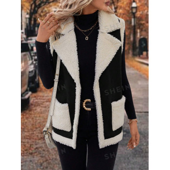 SHEIN LUNE Veste Gilet En Peau De Mouton Retournée Avec Poches Et Patchwork - 26716881