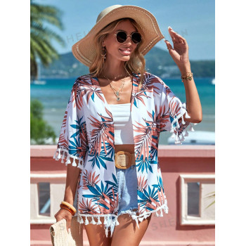 SHEIN Swim Kimono Imprimé Tropical À Franges - 14094796