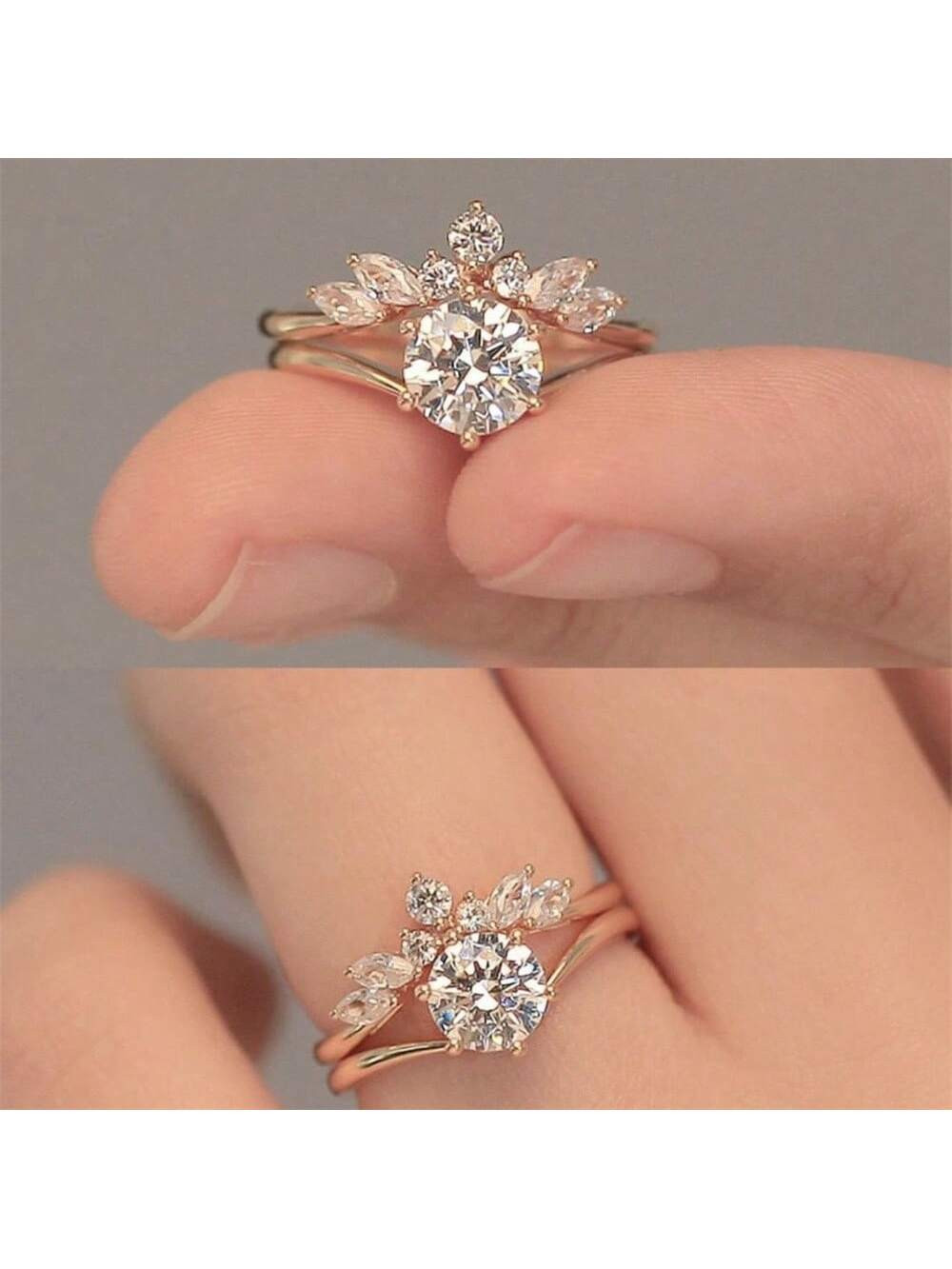 Ensemble De Bague Pour Couples Avec Design De Feuille Plaqué Or Rose De Mode Diamanté Pour Femme - 27114400